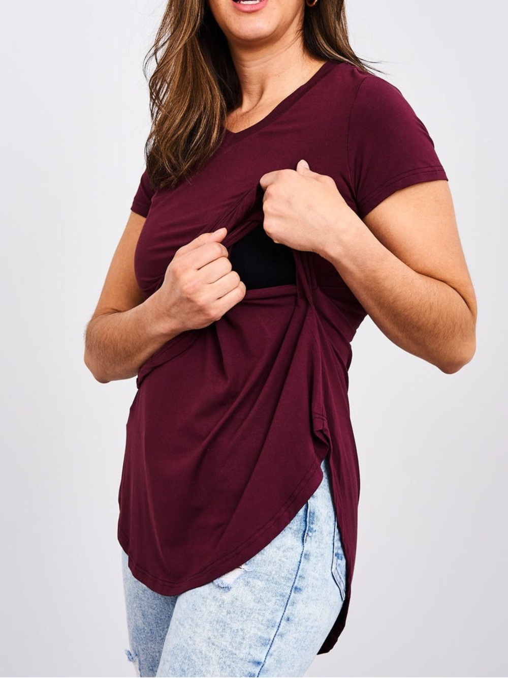 Latched Mama V-Neck Boyfriend Nursing Tee Wine Red Breastfeeding Pumping Fall S